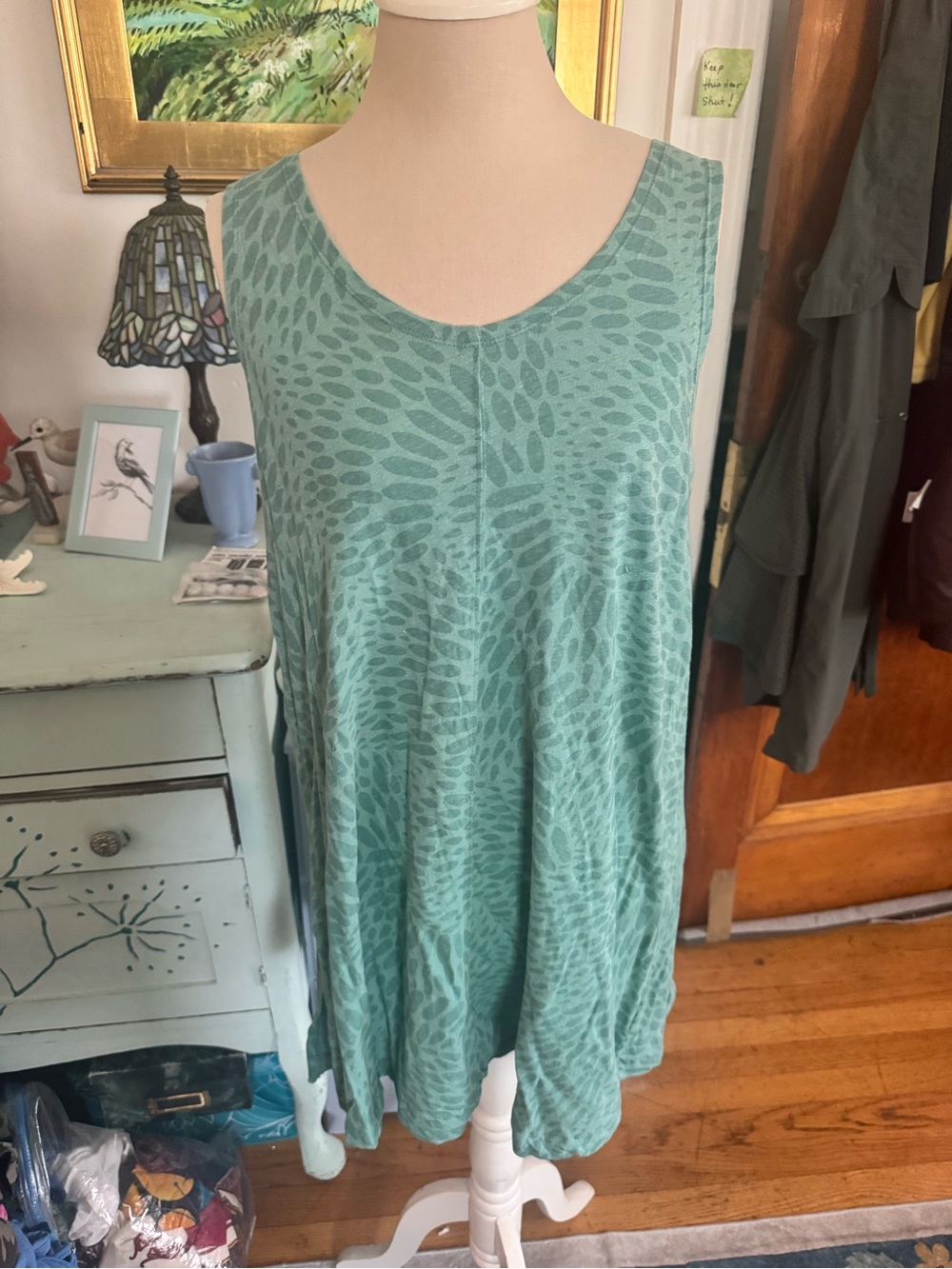 Gudrun Sjoden Mint Green Printed Sleeveless Scoop Neck Tunic Linen M VGUC